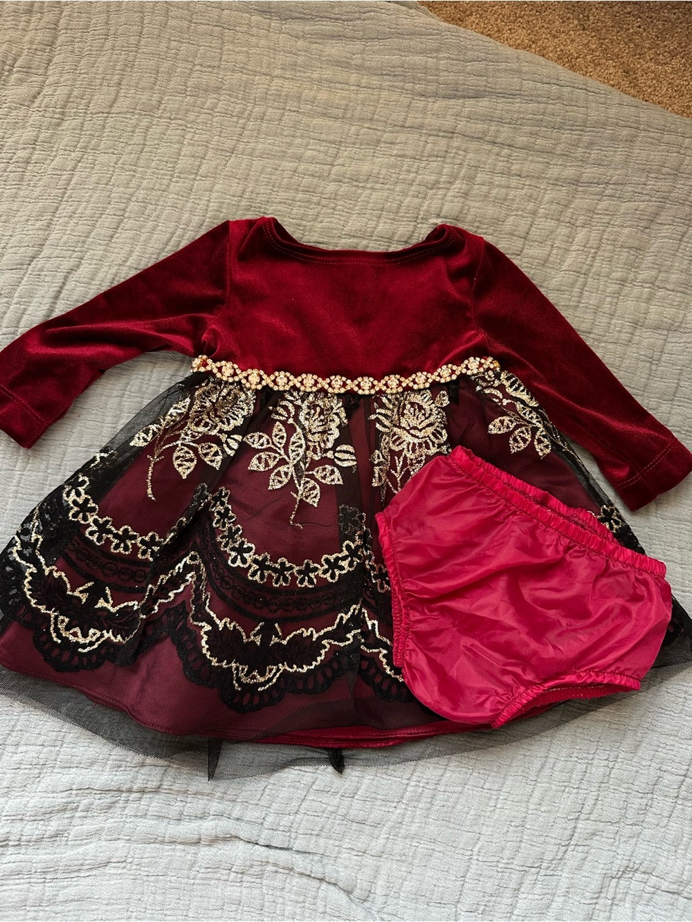Rare editions Girls Burgundy Velvet and Black Lace Dress matching Bloomers 3-6M